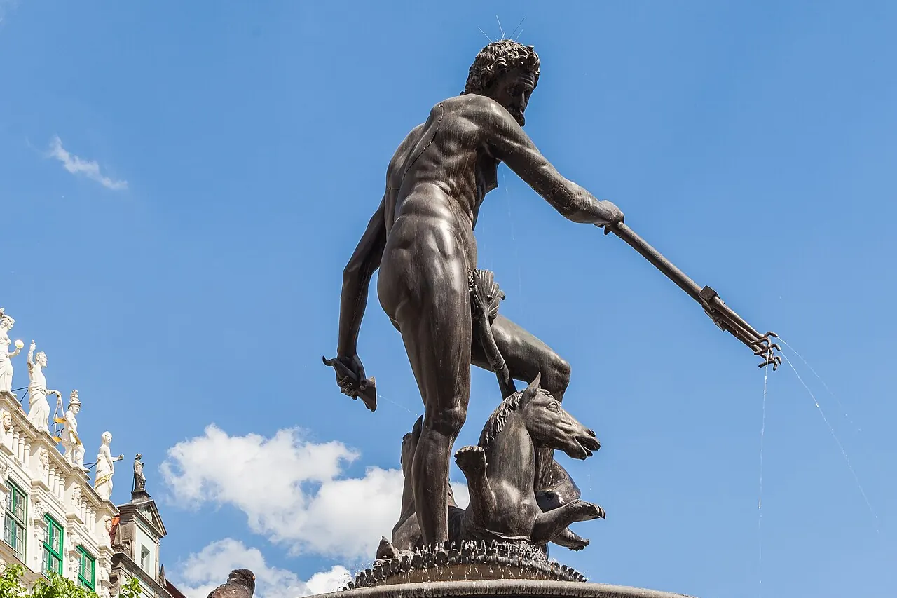 The Neptune statue and fountain in front of Gdansk's decorated merchant buildings