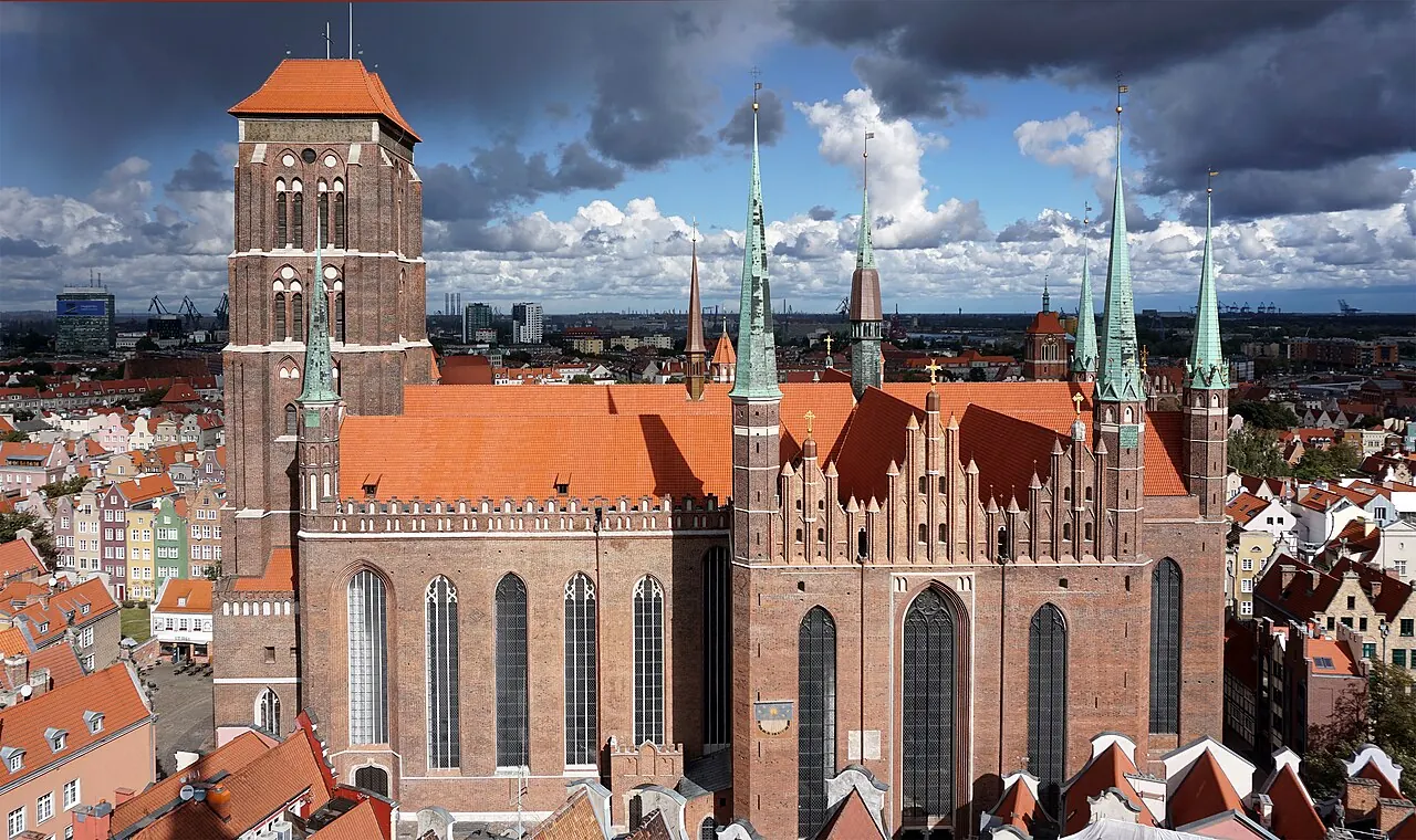 The vast red-brick body and tower of St Mary's Basilica in Gdansk
