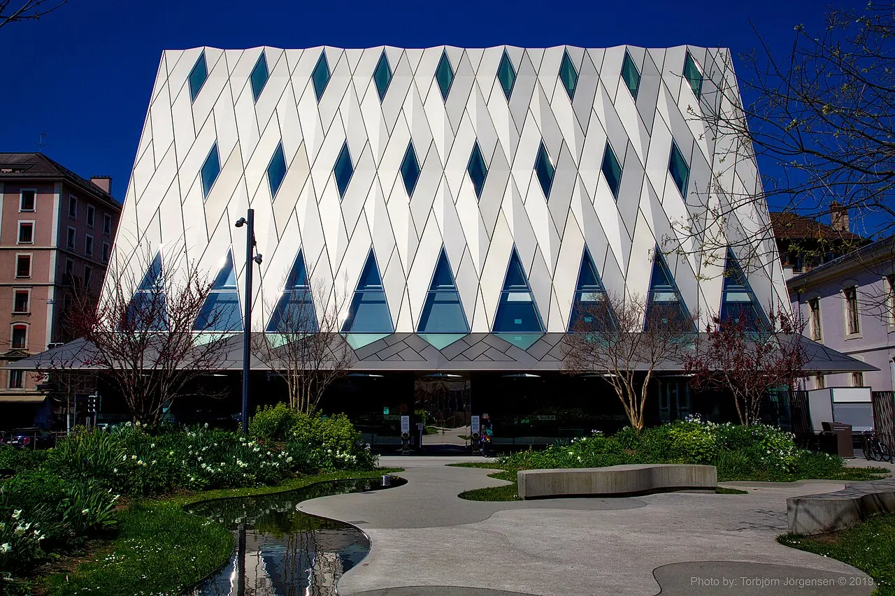 Geometric metal facade of the Geneva Ethnography Museum in Plainpalais