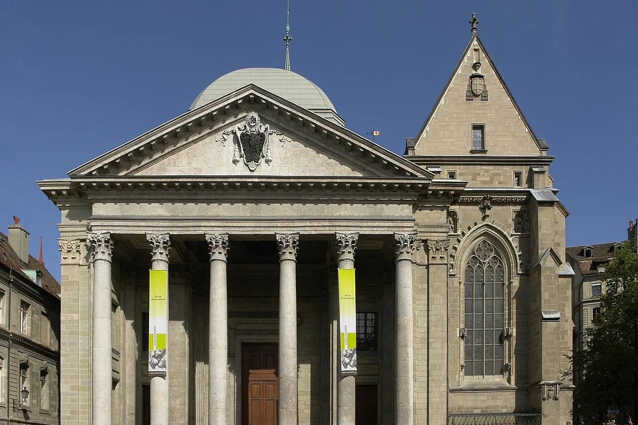 Columned facade and towers of St Pierre Cathedral in Geneva