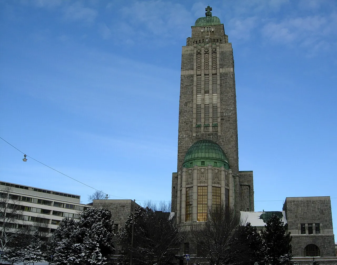 The granite tower and green roof of Kallio Church in Helsinki