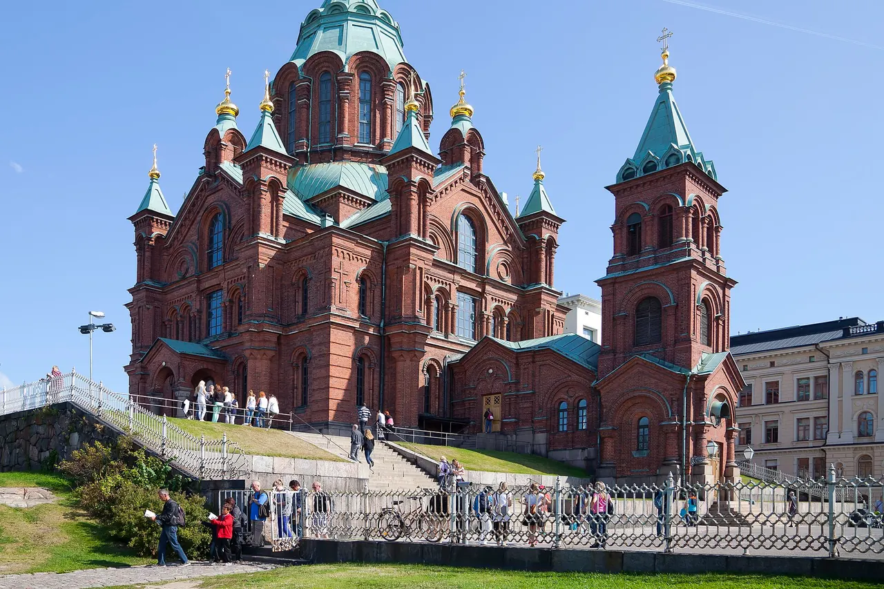 Uspenski Cathedral's red-brick exterior and gilded domes above Katajanokka
