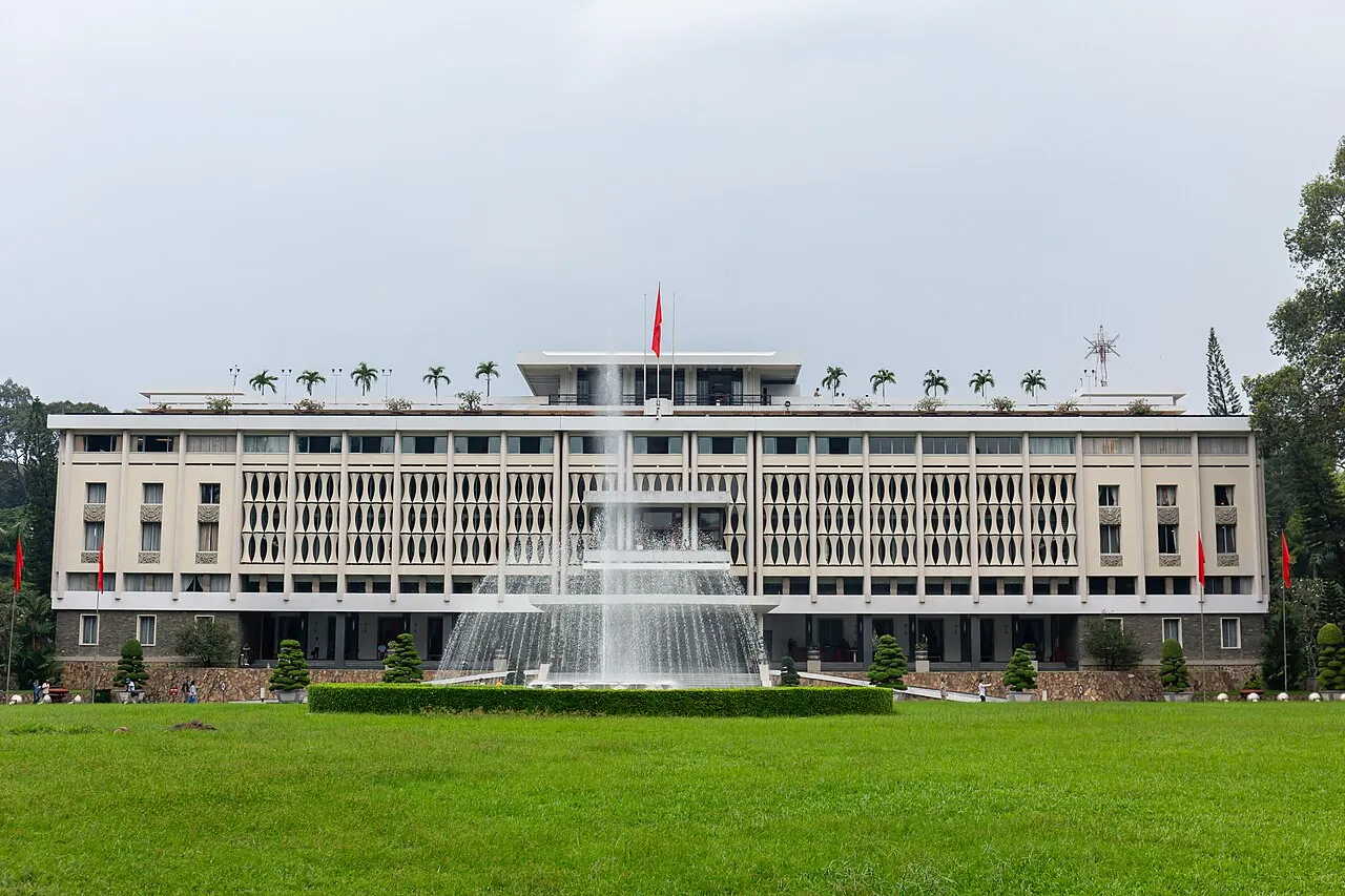Independence Palace seen across its lawn and fountain