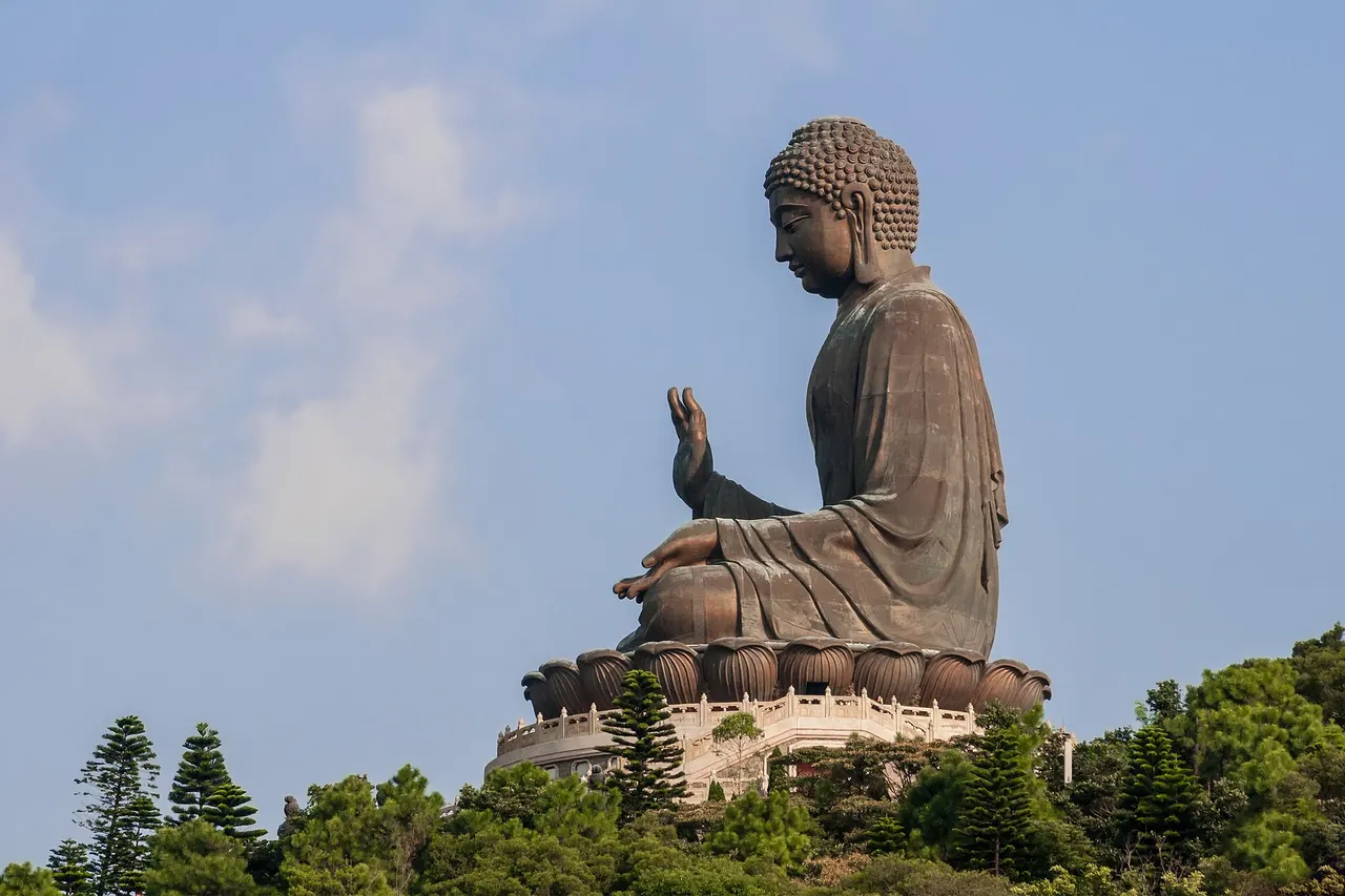Tian Tan Buddha seated above its stepped pedestal on Lantau Island