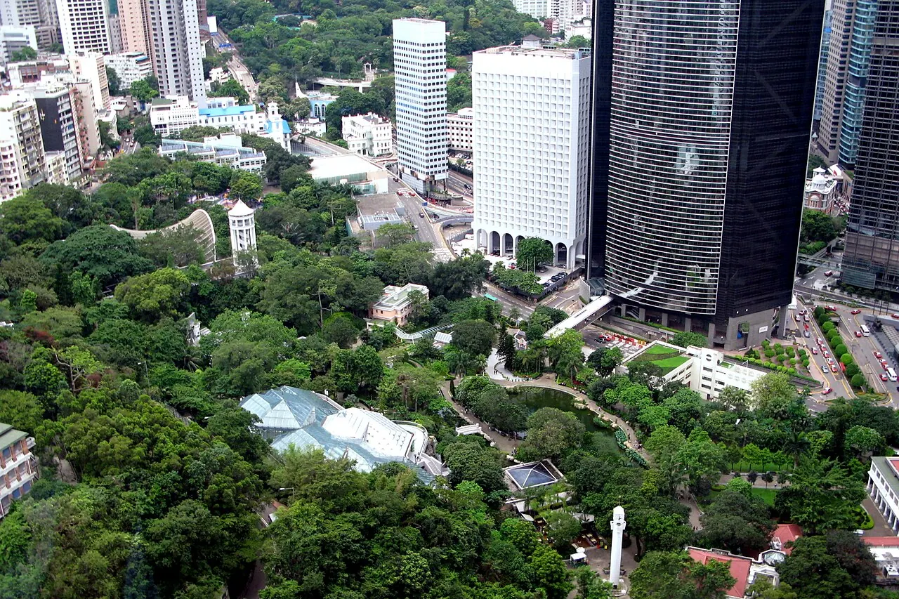 Ponds, trees and paths in Hong Kong Park below surrounding city buildings