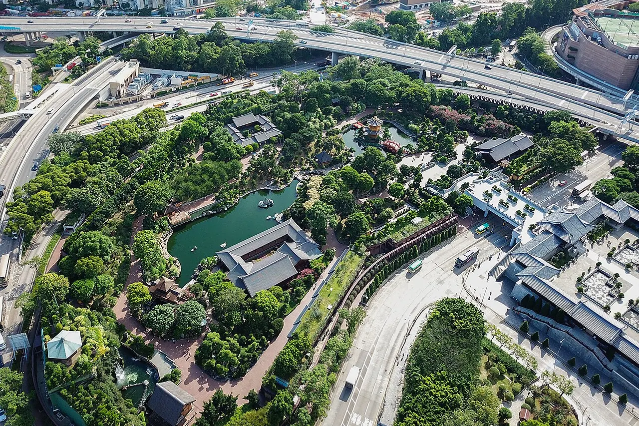 Aerial view of Nan Lian Garden's landscaped grounds in Diamond Hill