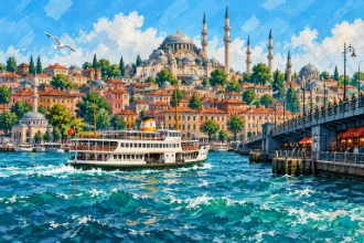Gemalte Illustration einer Istanbuler Fähre, der Galatabrücke und der historischen Silhouette