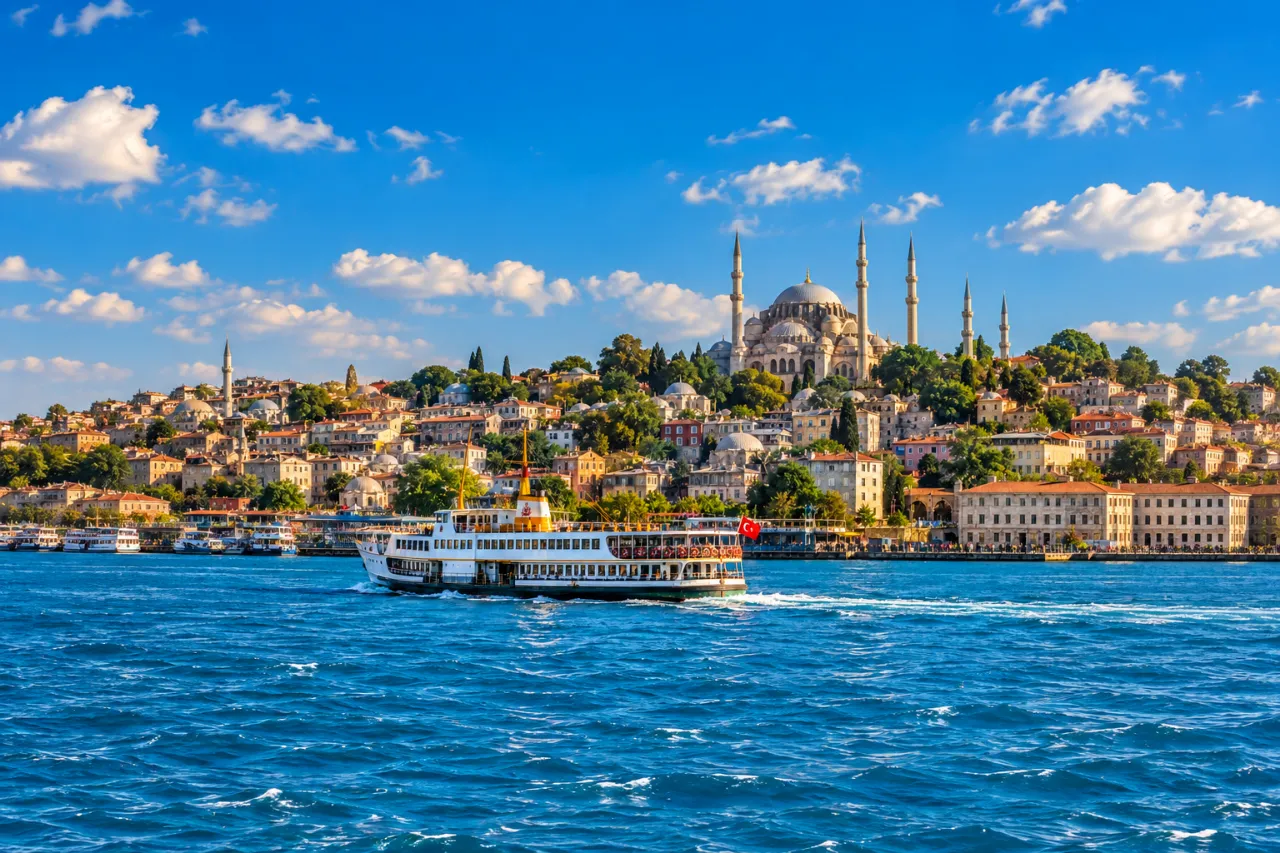 Gegenereerd beeld van een veerboot in Istanbul en de historische skyline over levendig blauw water