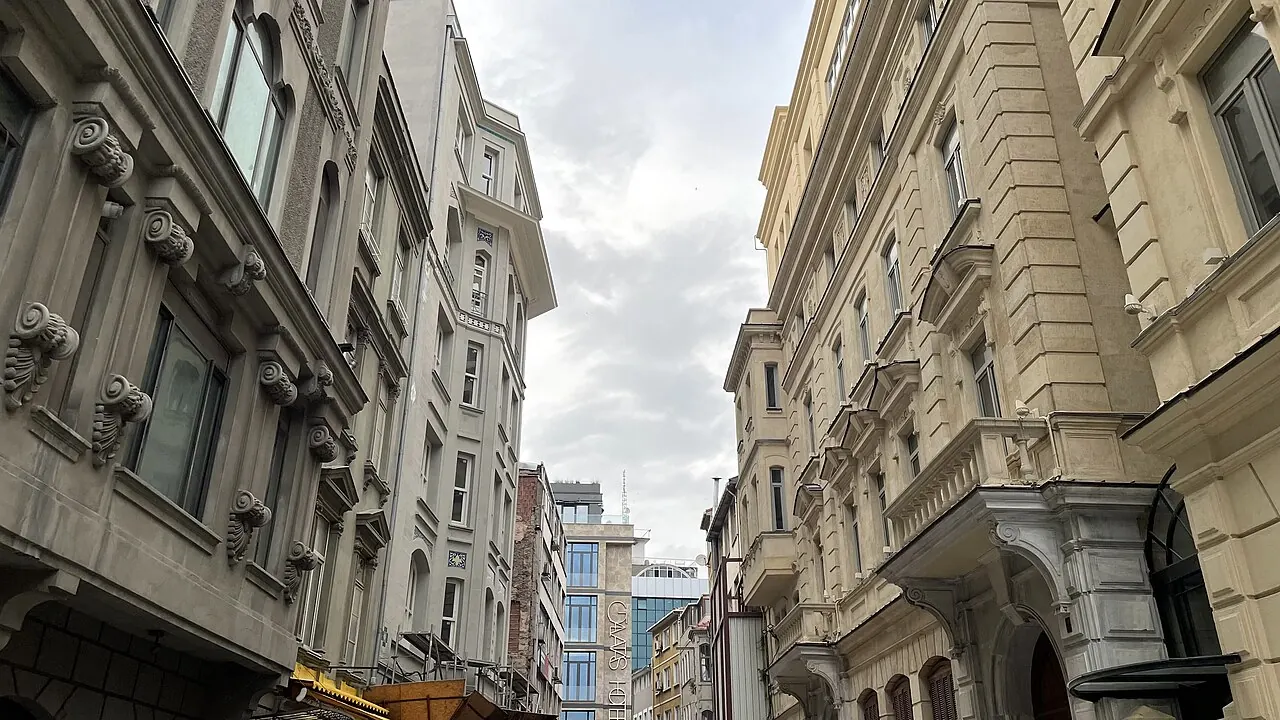 Historic facades lining a narrow street in Karakoy