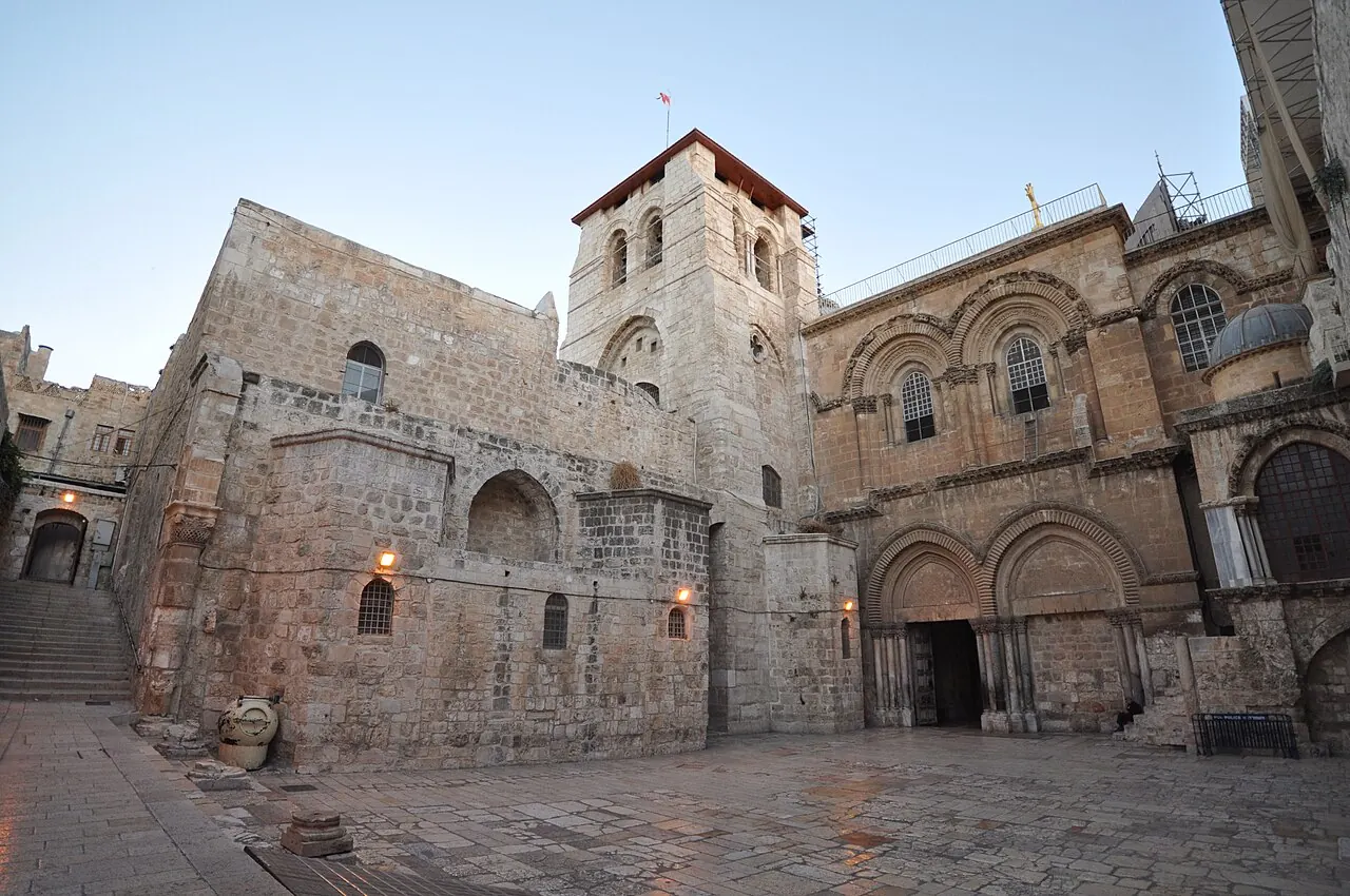 The stone entrance courtyard of the Church of the Holy Sepulchre