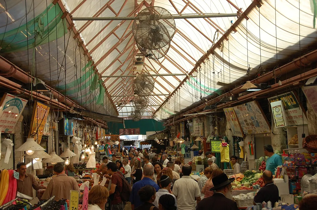 Food stalls in the covered lanes of Mahane Yehuda Market