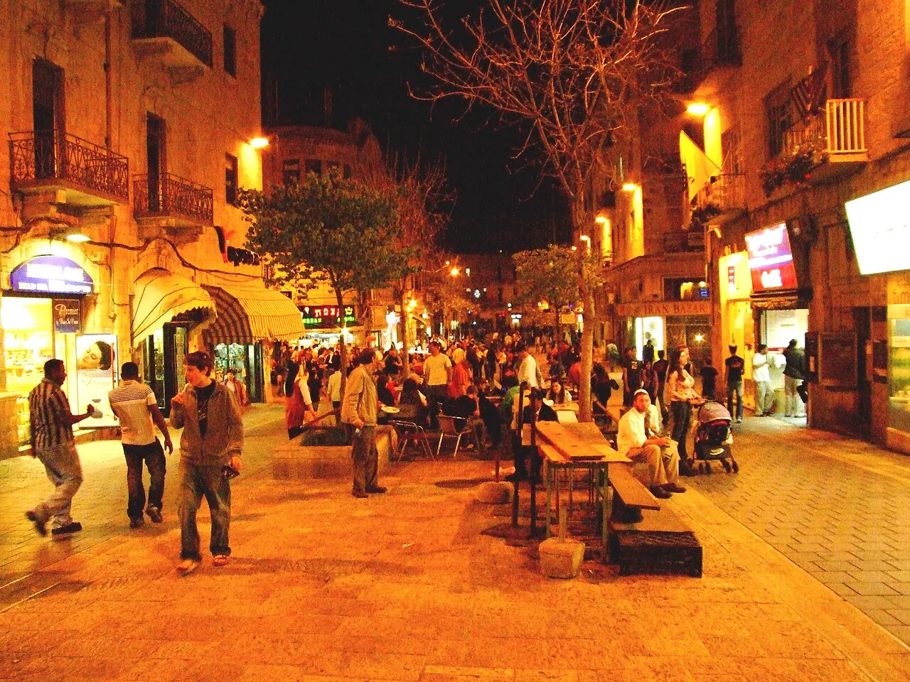 The Ben Yehuda pedestrian street in downtown Jerusalem at night