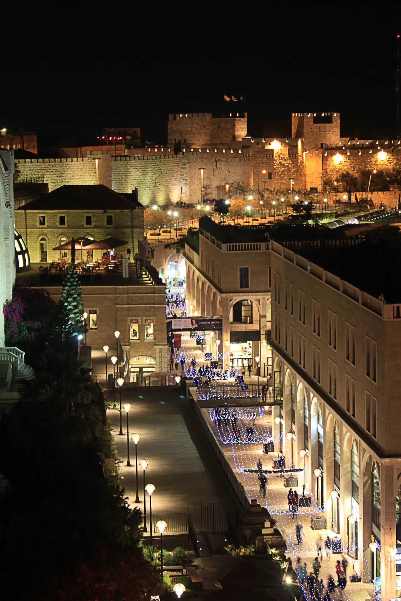 Mamilla Avenue and Jerusalem's Old City walls illuminated at night