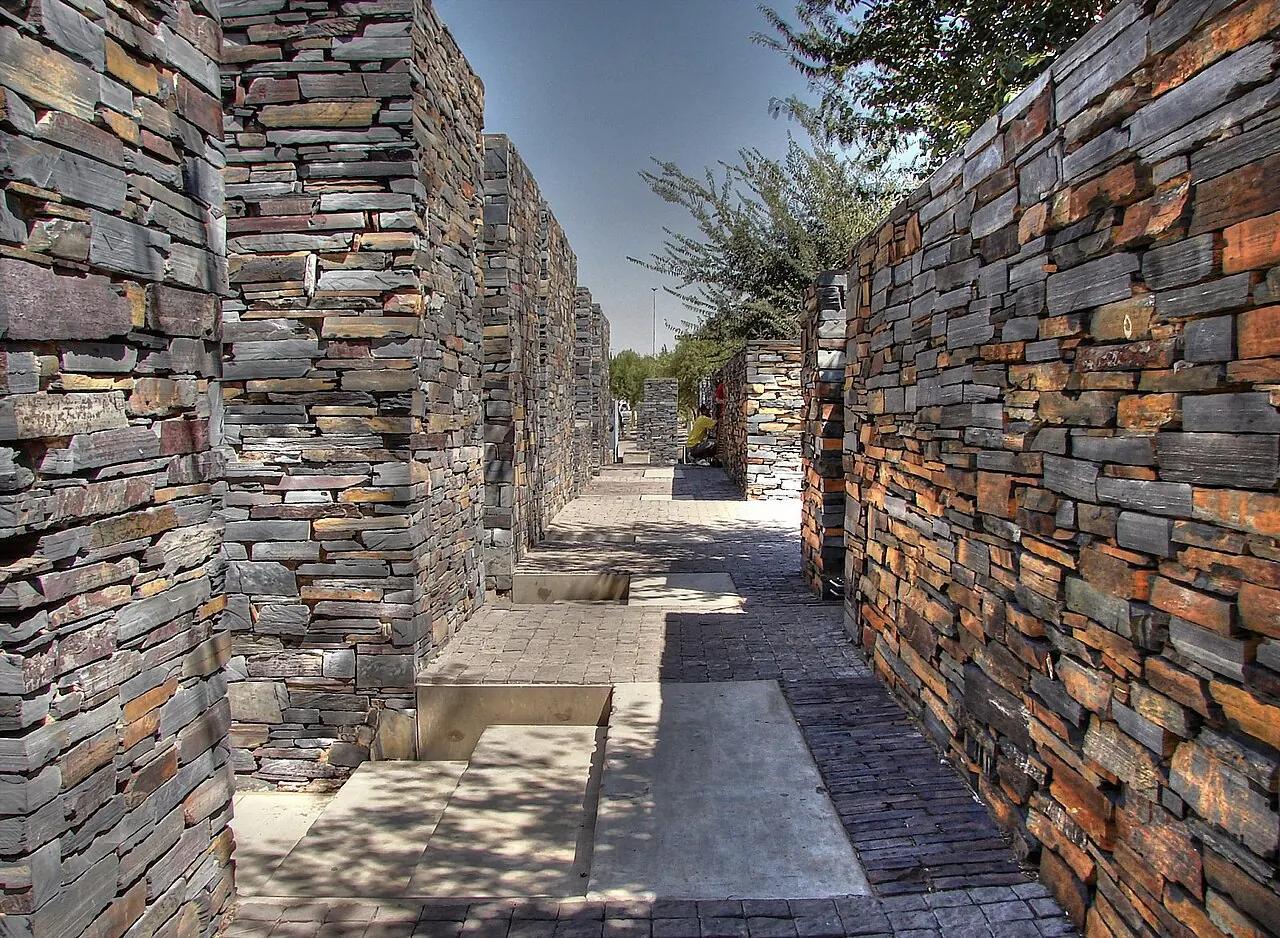 Stone walls and a passage in the Hector Pieterson Museum and memorial precinct in Soweto