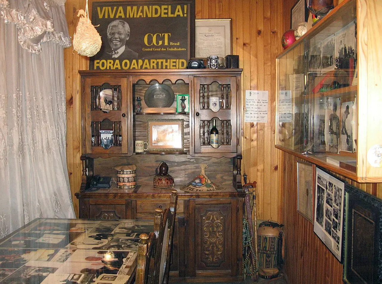 Photographs and memorabilia displayed inside Mandela House in Soweto