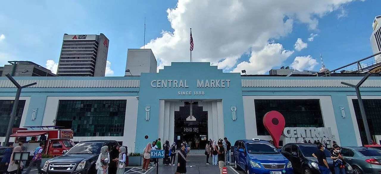 Central Market's blue facade and entrance in Kuala Lumpur