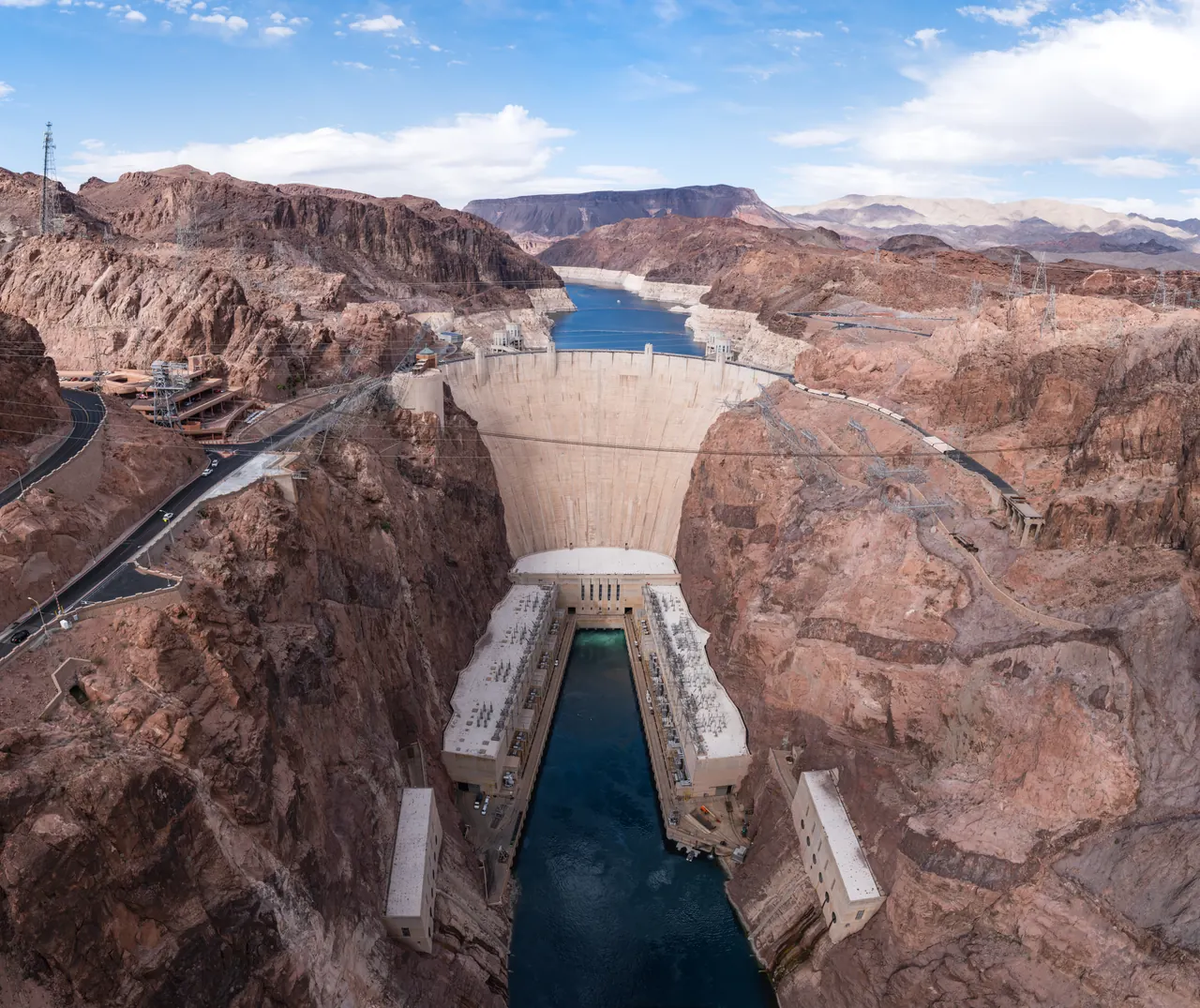 Hoover Dam spanning Black Canyon beneath the bypass bridge viewpoint