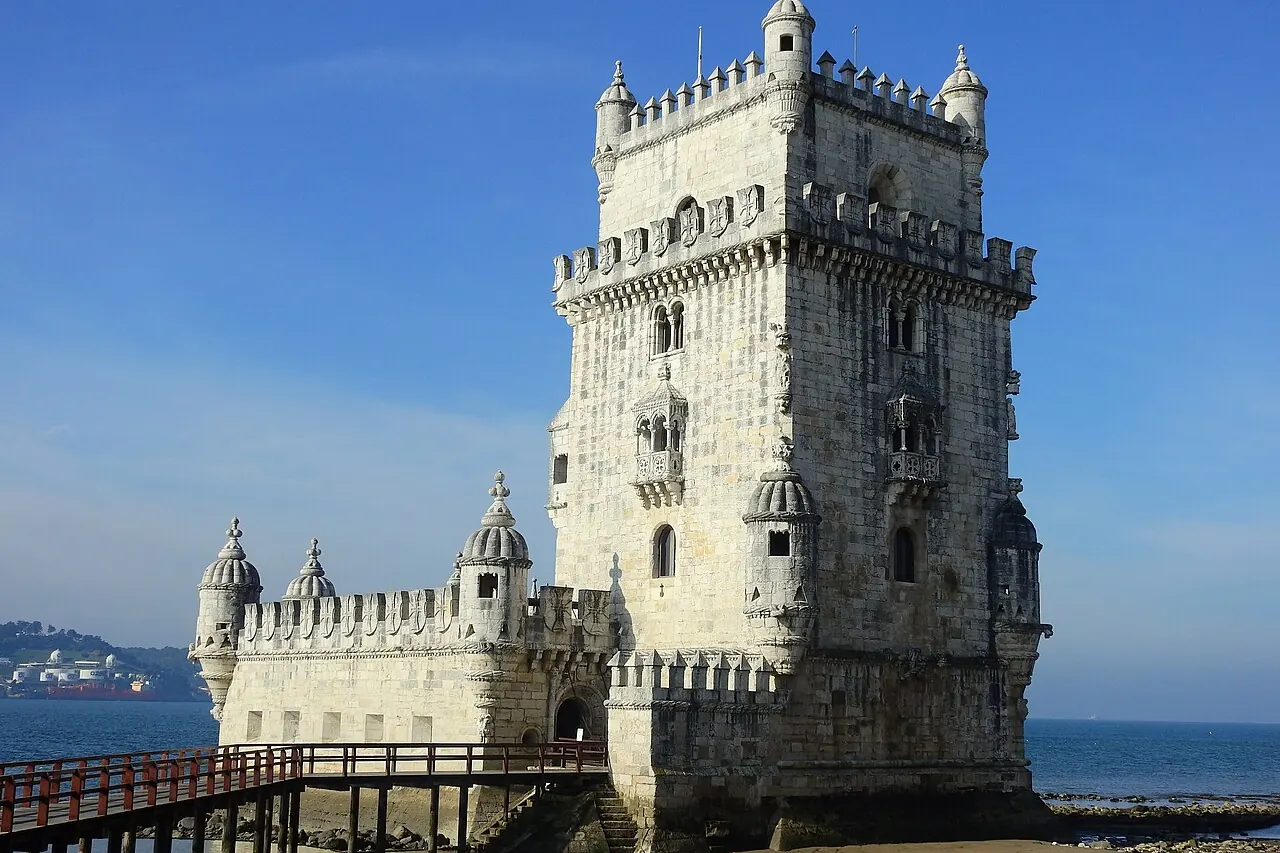 Belem Tower's stone bastion and turreted tower beside the Tagus