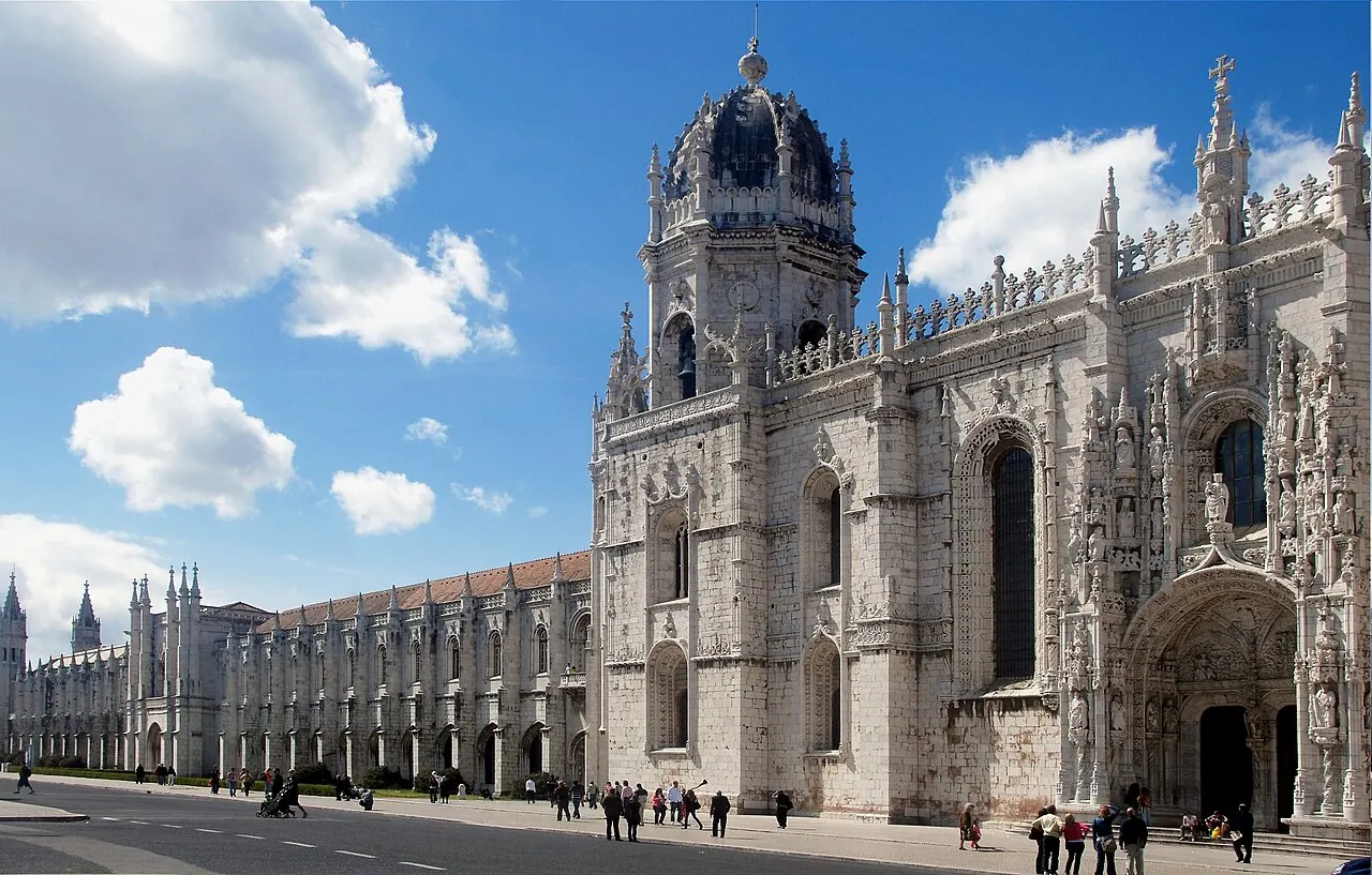 The carved limestone facade and church entrance of Jeronimos Monastery in Belem