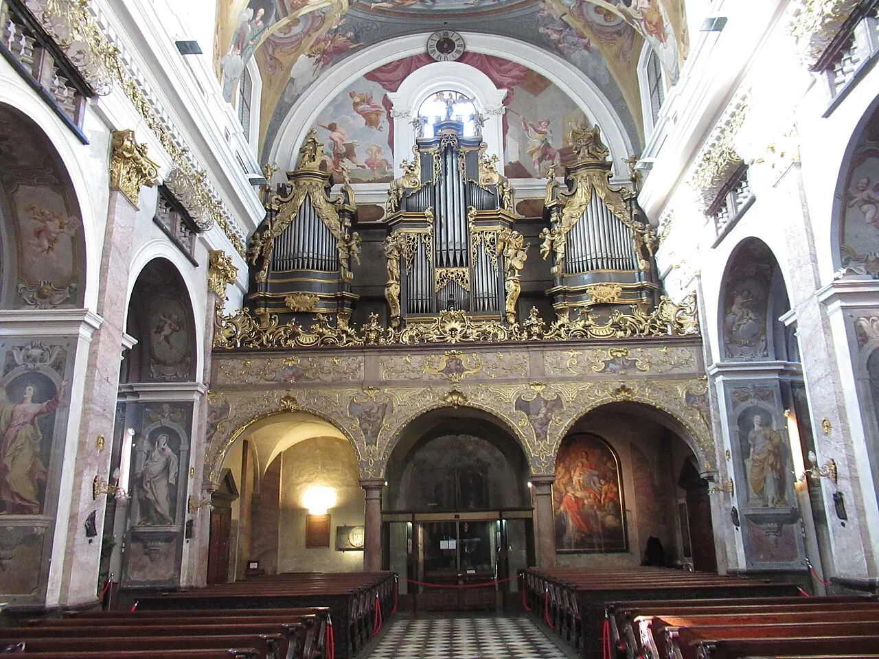 The decorated nave, frescoes and altar inside Ljubljana Cathedral