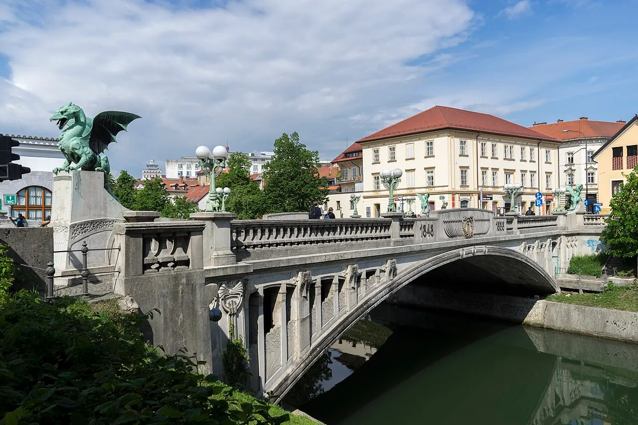 Dragon sculptures guarding Dragon Bridge over the Ljubljanica