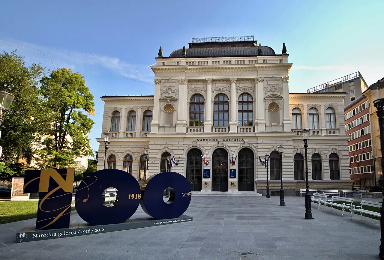 The facade and entrance courtyard of the National Gallery of Slovenia in Ljubljana