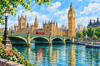 Gemalte Illustration von Big Ben, der Westminster Bridge und einem roten Bus an der Themse