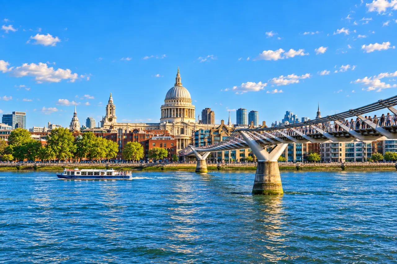 Generated view of St Paul's Cathedral and Millennium Bridge across the Thames in sunshine