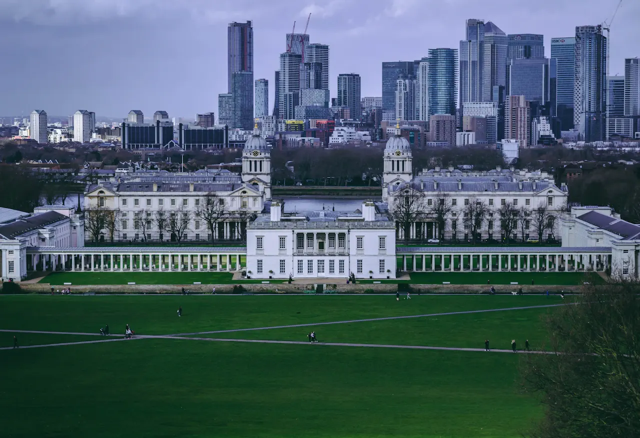 View from Greenwich Park over the Queen's House and Old Royal Naval College towards Canary Wharf