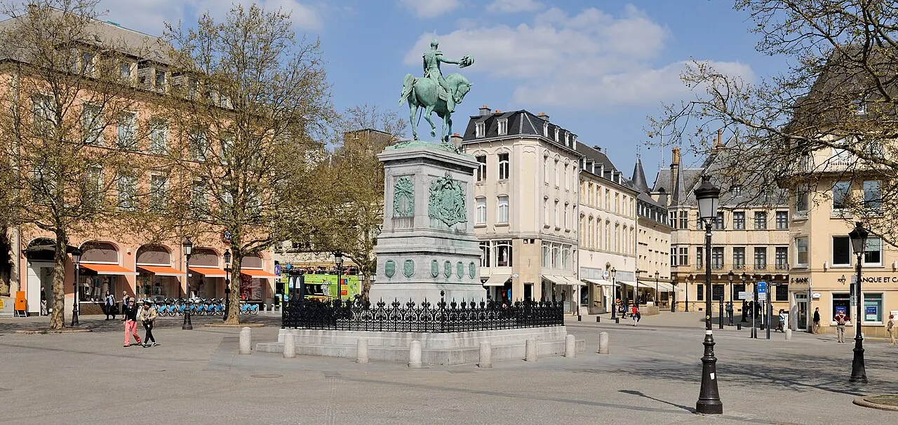 Equestrian statue and civic buildings around Place Guillaume II in Luxembourg City