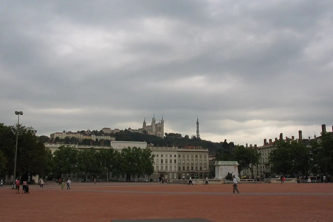 Place Bellecour with Fourviere Hill on the distant skyline in Lyon