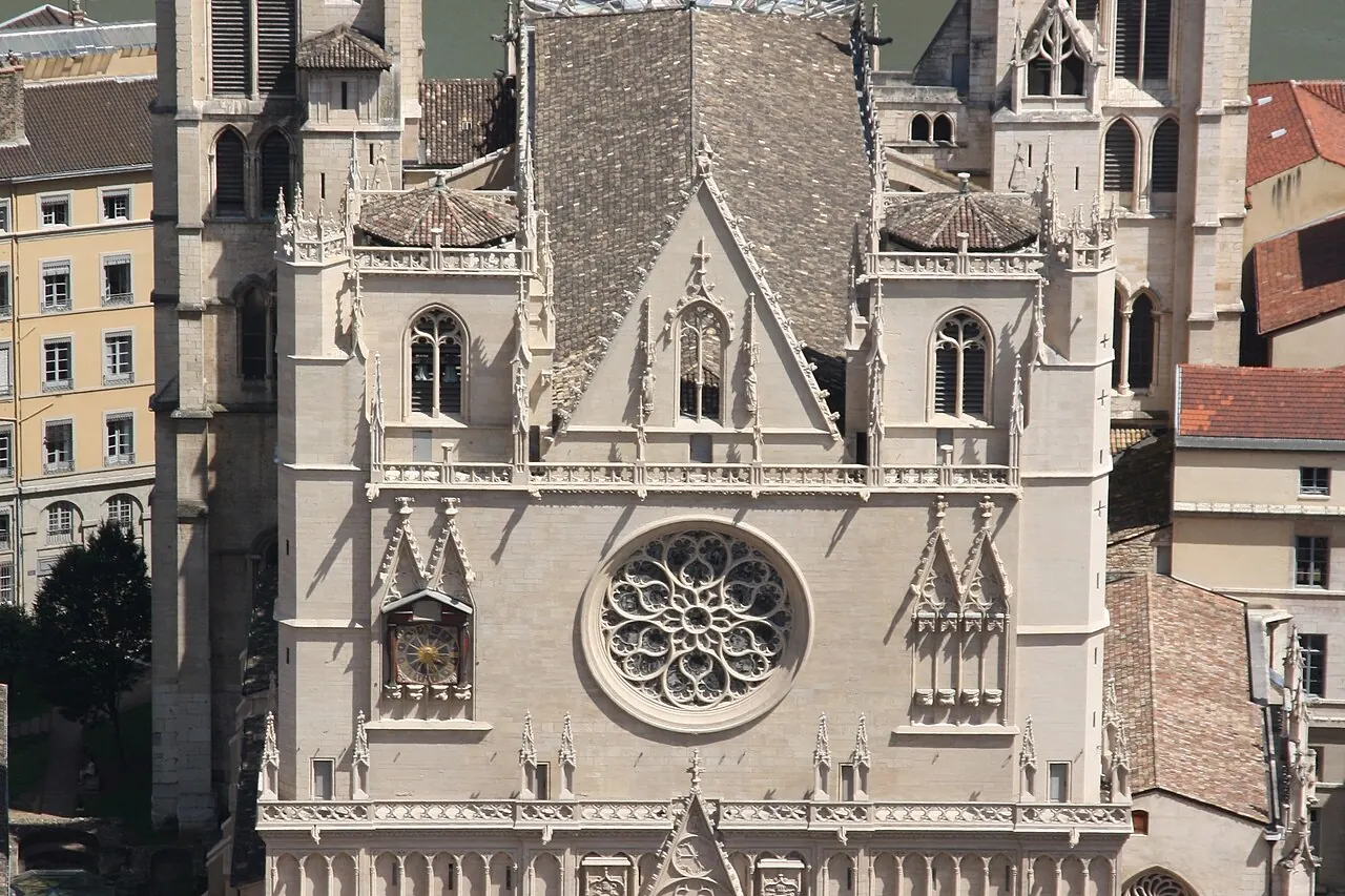 Gothic entrance facade and rose window of Saint-Jean Cathedral in Lyon