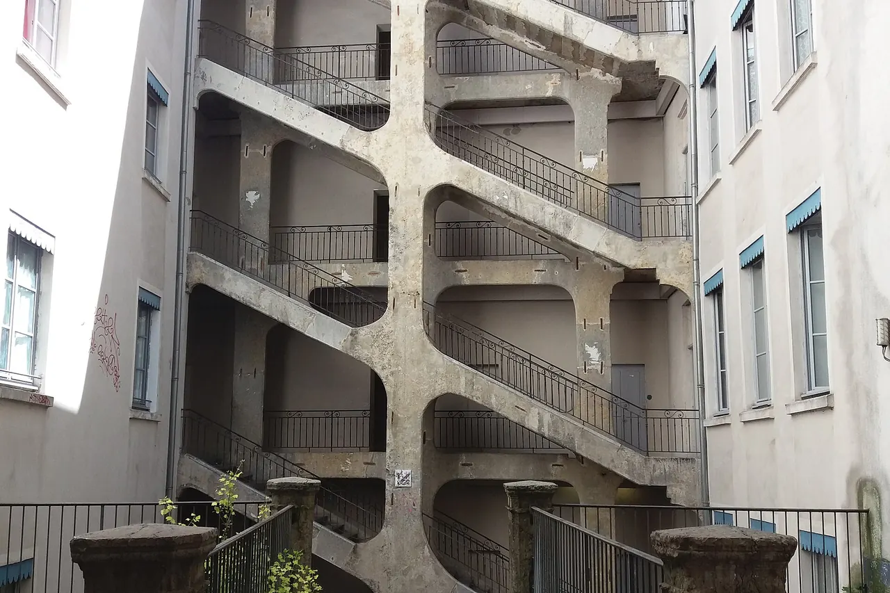 Monumental external staircase and courtyard of the Cour des Voraces in Lyon