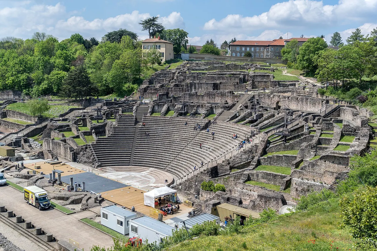 Stone seating and stage area of the ancient Roman theatre on Fourviere Hill, Lyon