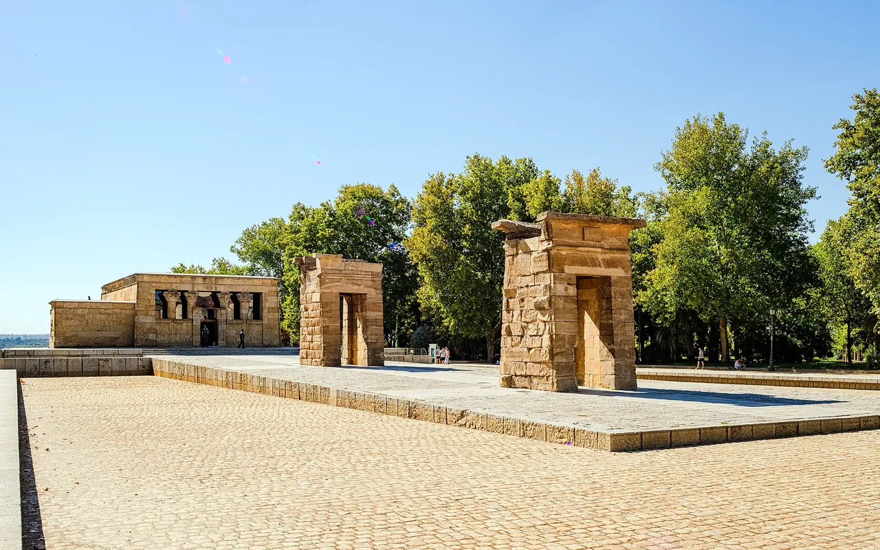The Temple of Debod's reconstructed stone gateways and shrine in Madrid