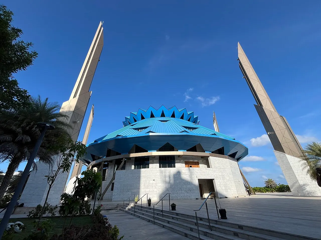 King Salman Mosque's blue dome and tall angled minarets