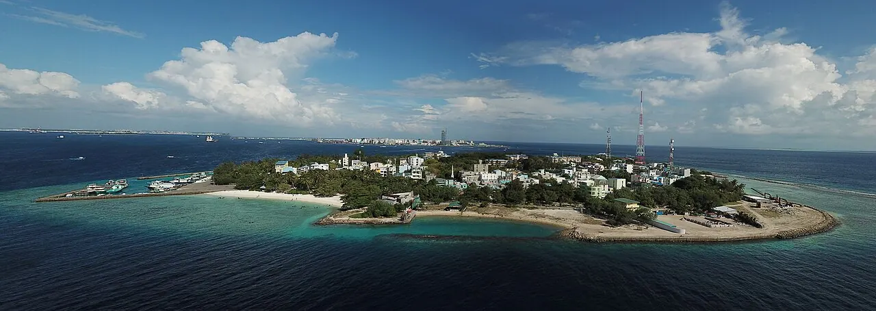An aerial view of Villingili island, its neighbourhoods and surrounding sea