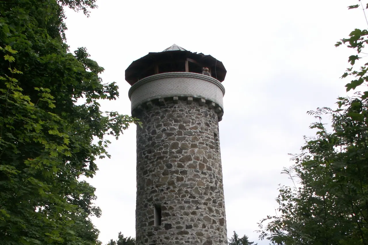 Der steinerne Aussichtsturm Hamelika zwischen Bäumen