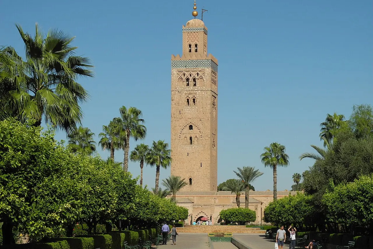 Koutoubia's minaret and mosque viewed across the surrounding garden