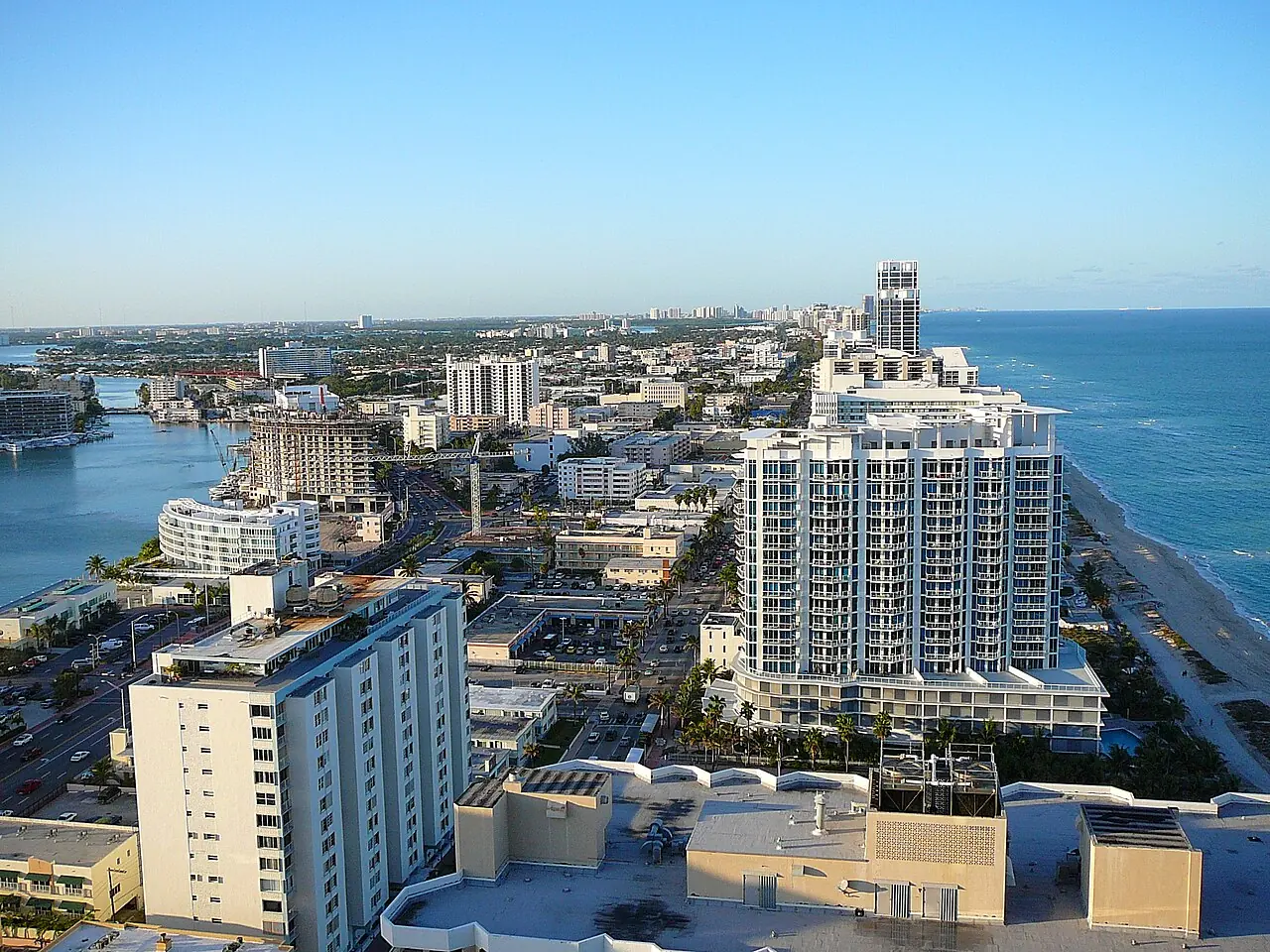 An aerial view of North Beach's waterfront buildings and coastline