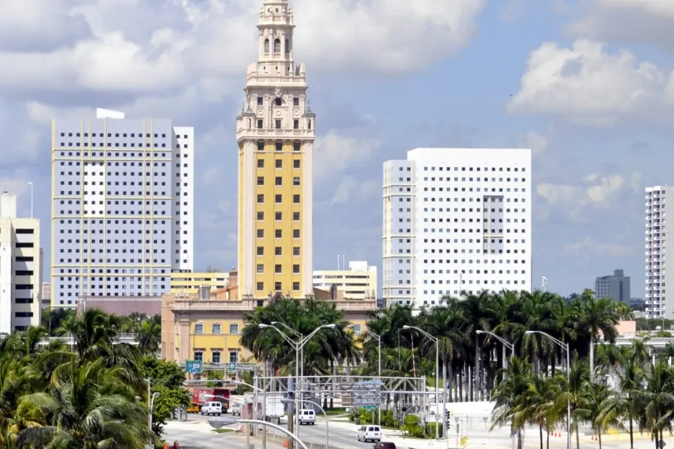 The ornate tower and facade of Miami's historic Freedom Tower