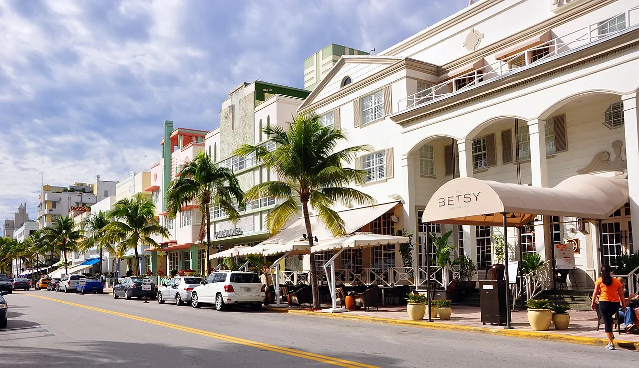 Pastel Art Deco hotel facades along Ocean Drive in South Beach