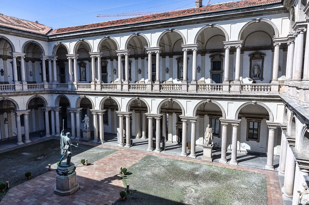 The arcaded courtyard and central statue at the Pinacoteca di Brera
