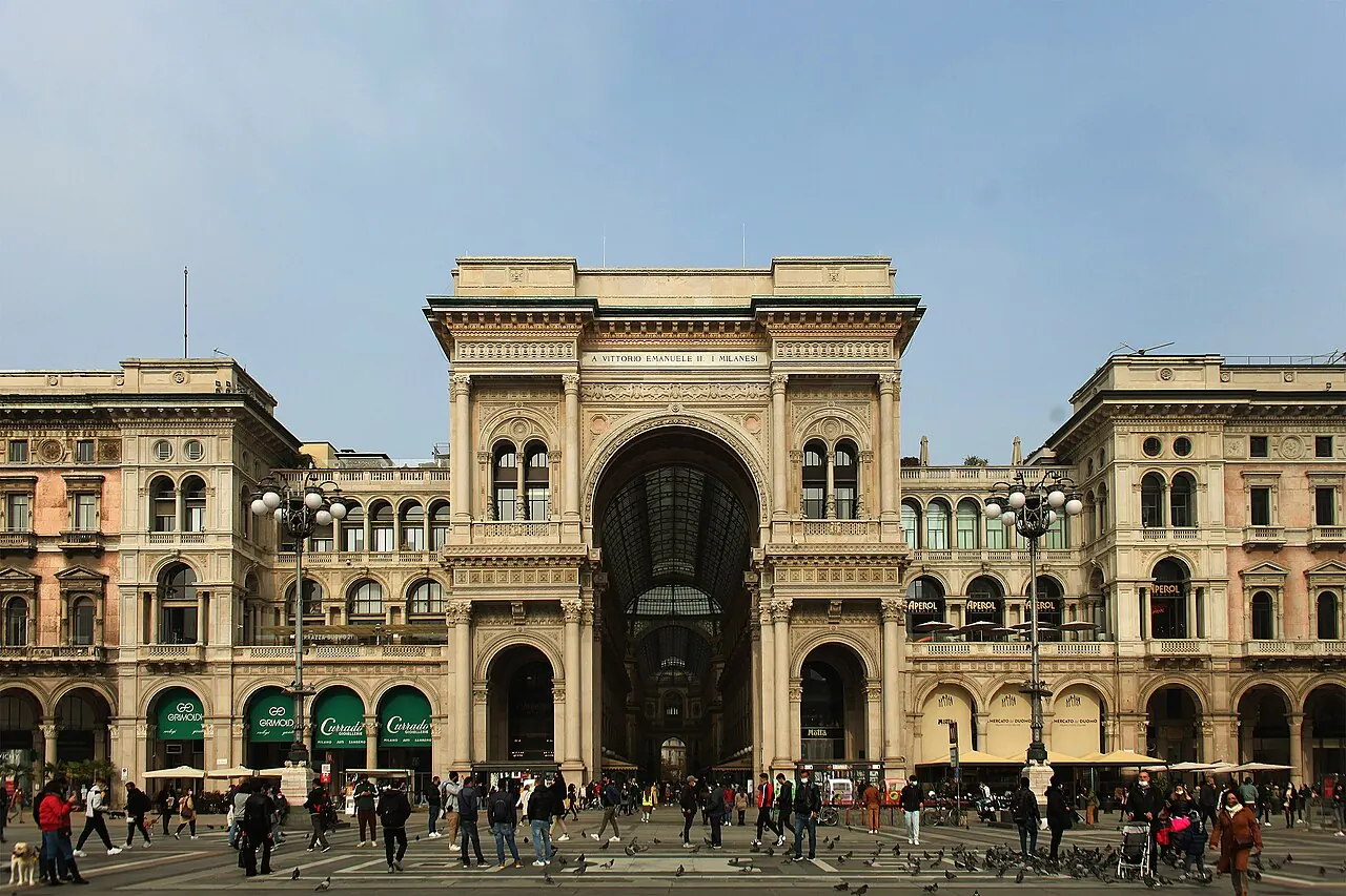 The monumental entrance to Galleria Vittorio Emanuele II from Piazza del Duomo