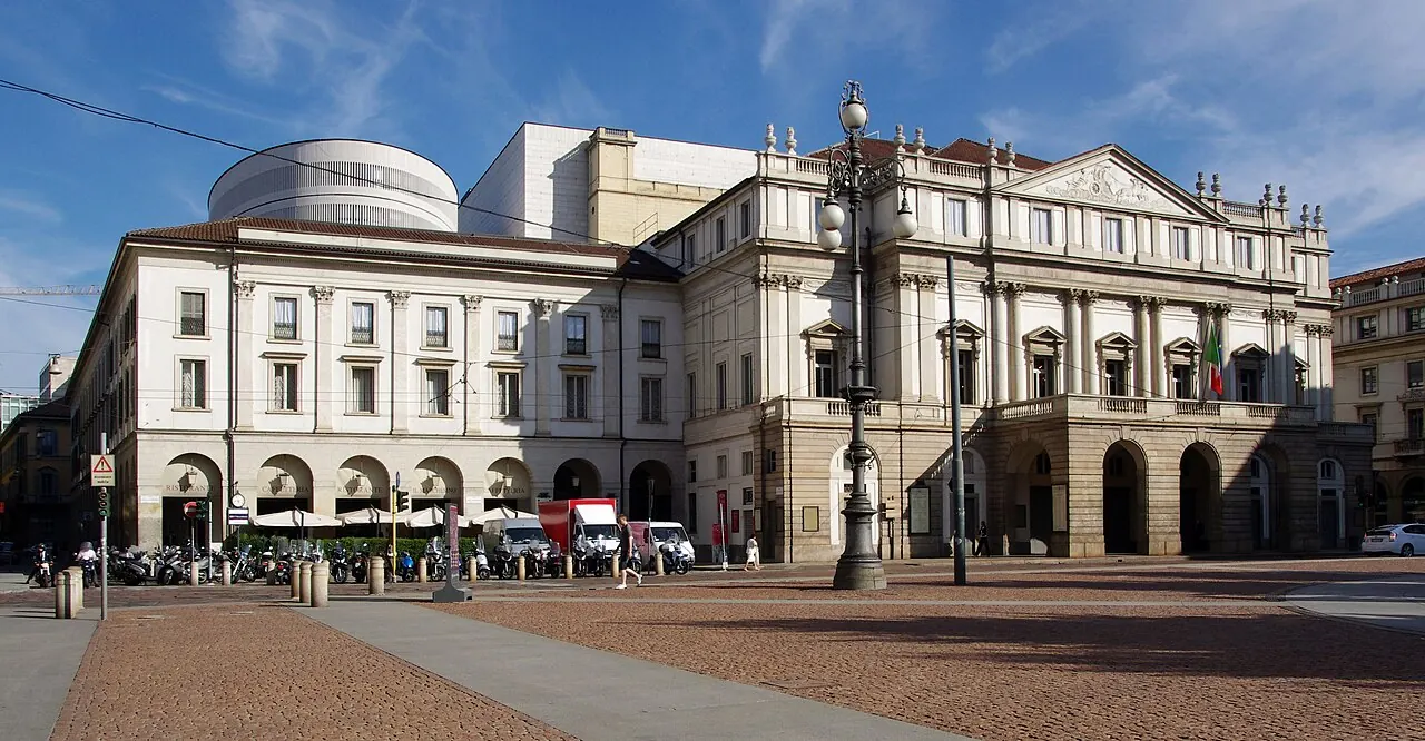 The neoclassical street facade of the La Scala opera house