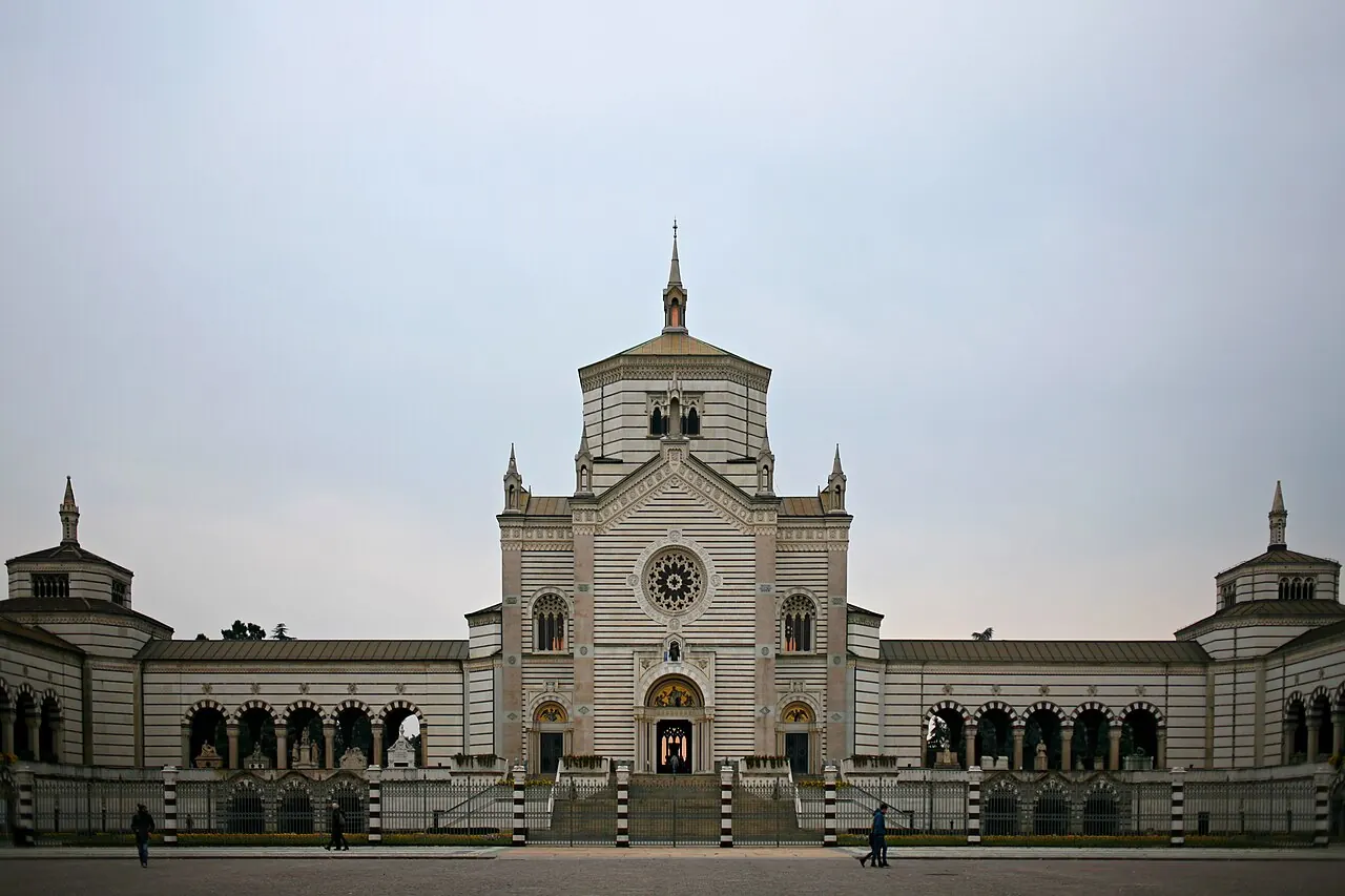 The monumental entrance and Famedio of Milan's Monumental Cemetery