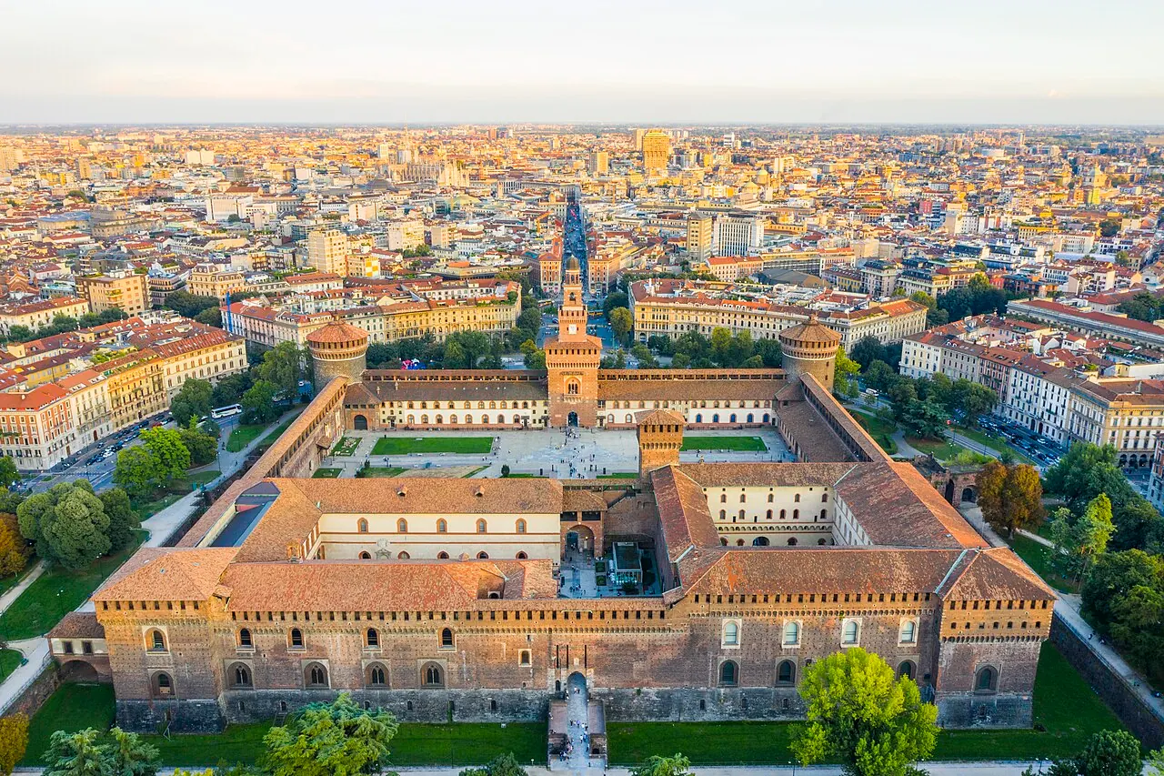 An elevated view of Sforza Castle, its towers and inner courtyards