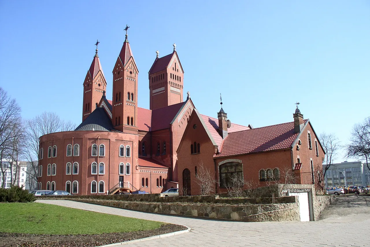 Red-brick Church of Saints Simon and Helena on Independence Square in Minsk