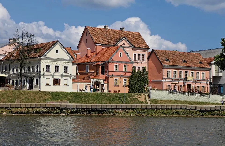 Low colourful buildings of Trinity Suburb beside the Svisloch River in Minsk