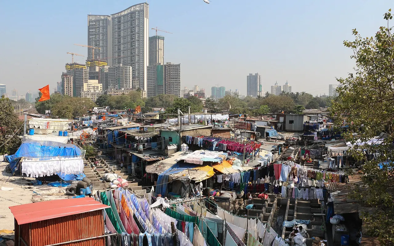Rows of washing pens and drying laundry at Mumbai's Mahalaxmi Dhobi Ghat
